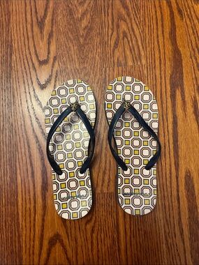Tory Burch Black-Strap Flip Flops with Geometric Multicolor Print